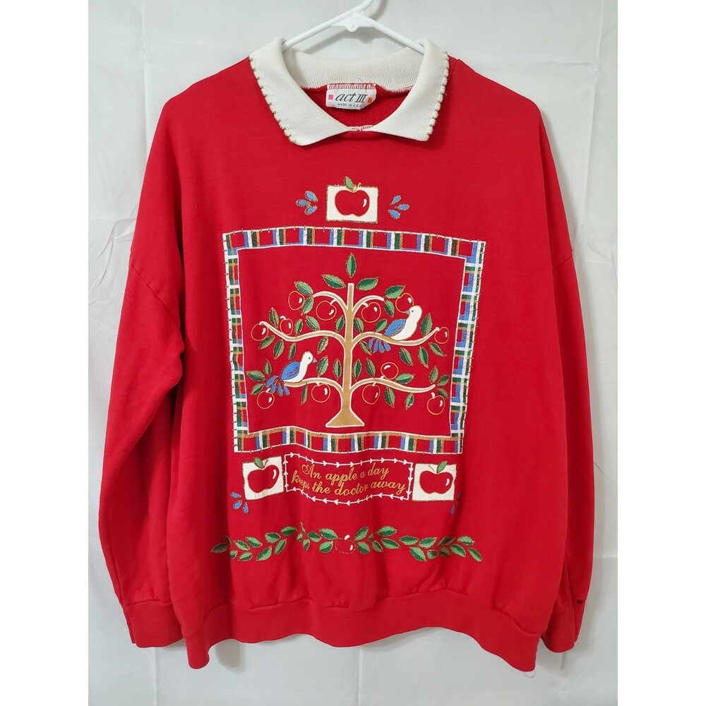 Vintage Act III Sweater Women's Size Medium Red Apple Tree Collared USA Made
